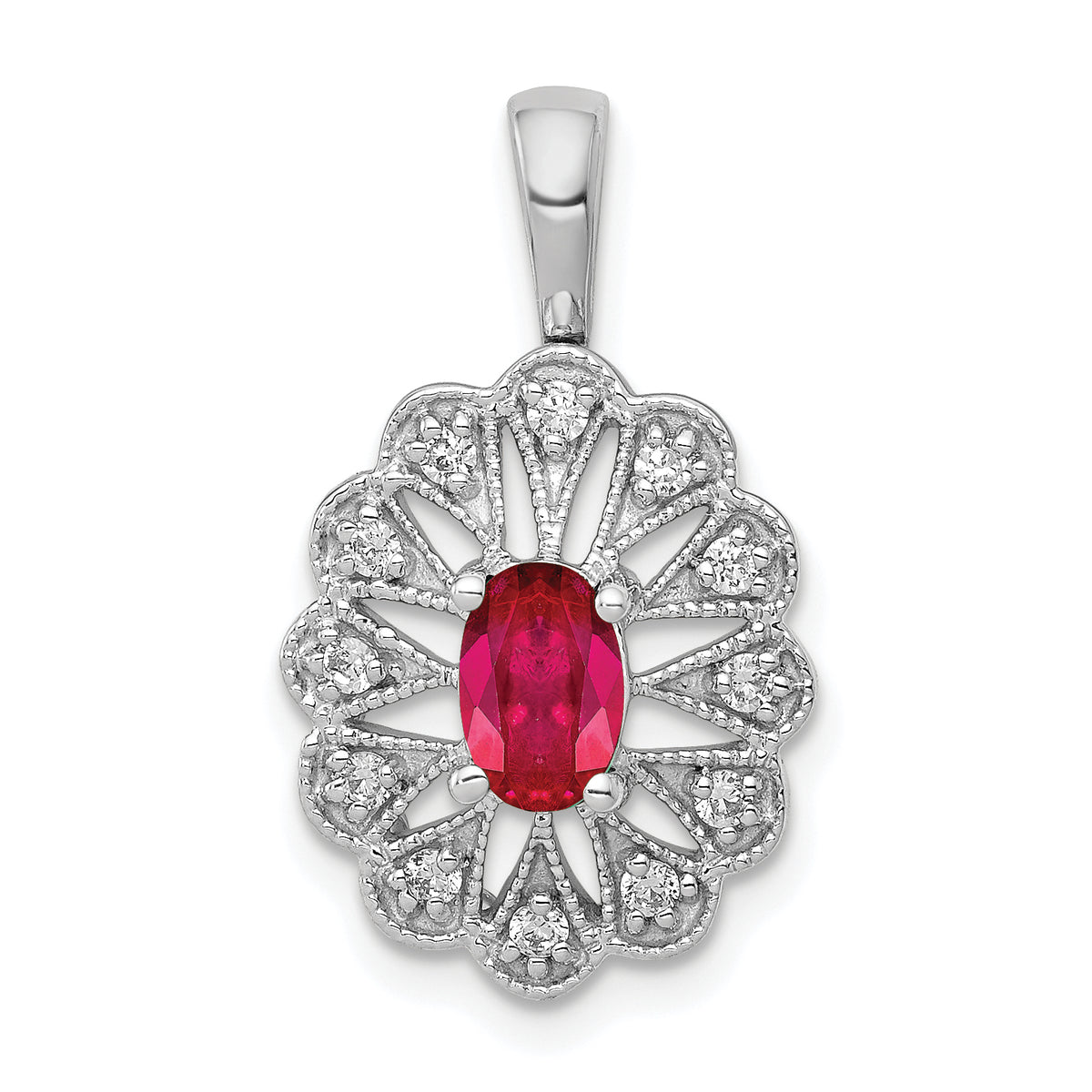 14K White Gold Lab Grown Diamond and Created Ruby Fancy Pendant