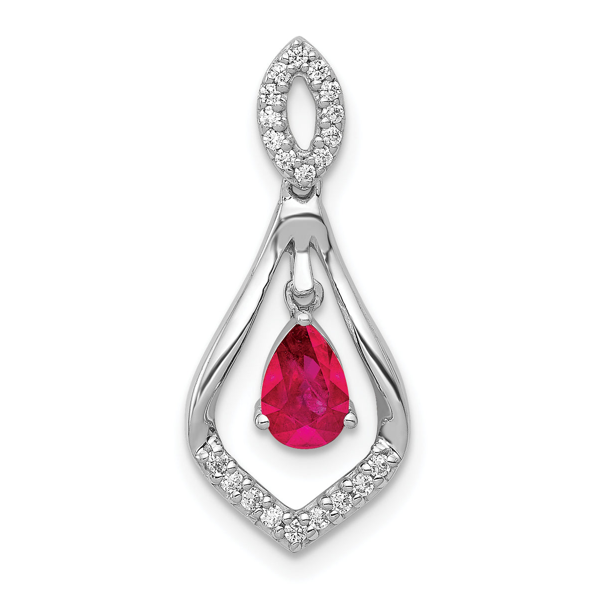 14K White Gold Lab Grown Diamond and Created Ruby Teardrop Pendant