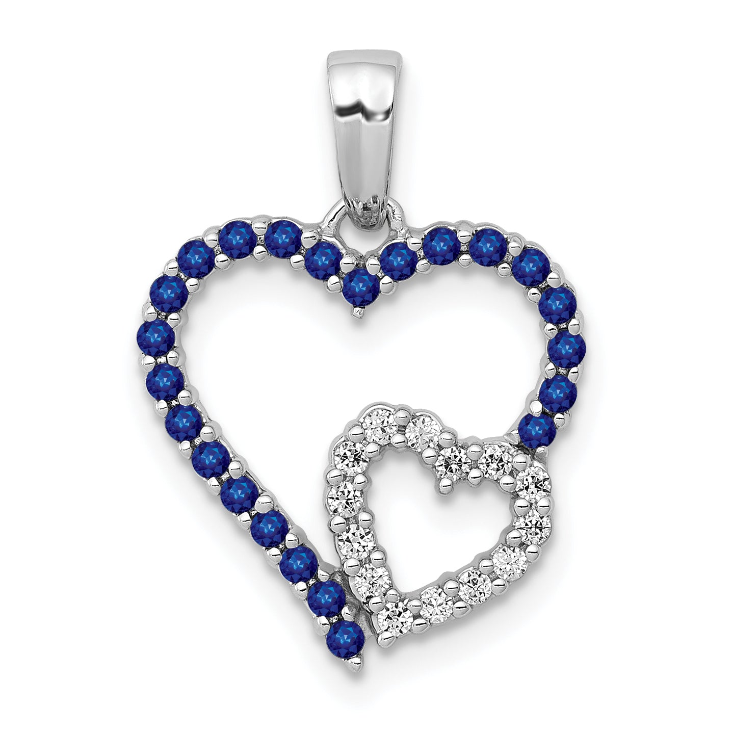 14k White Gold Diamond and Sapphire Double Heart Pendant