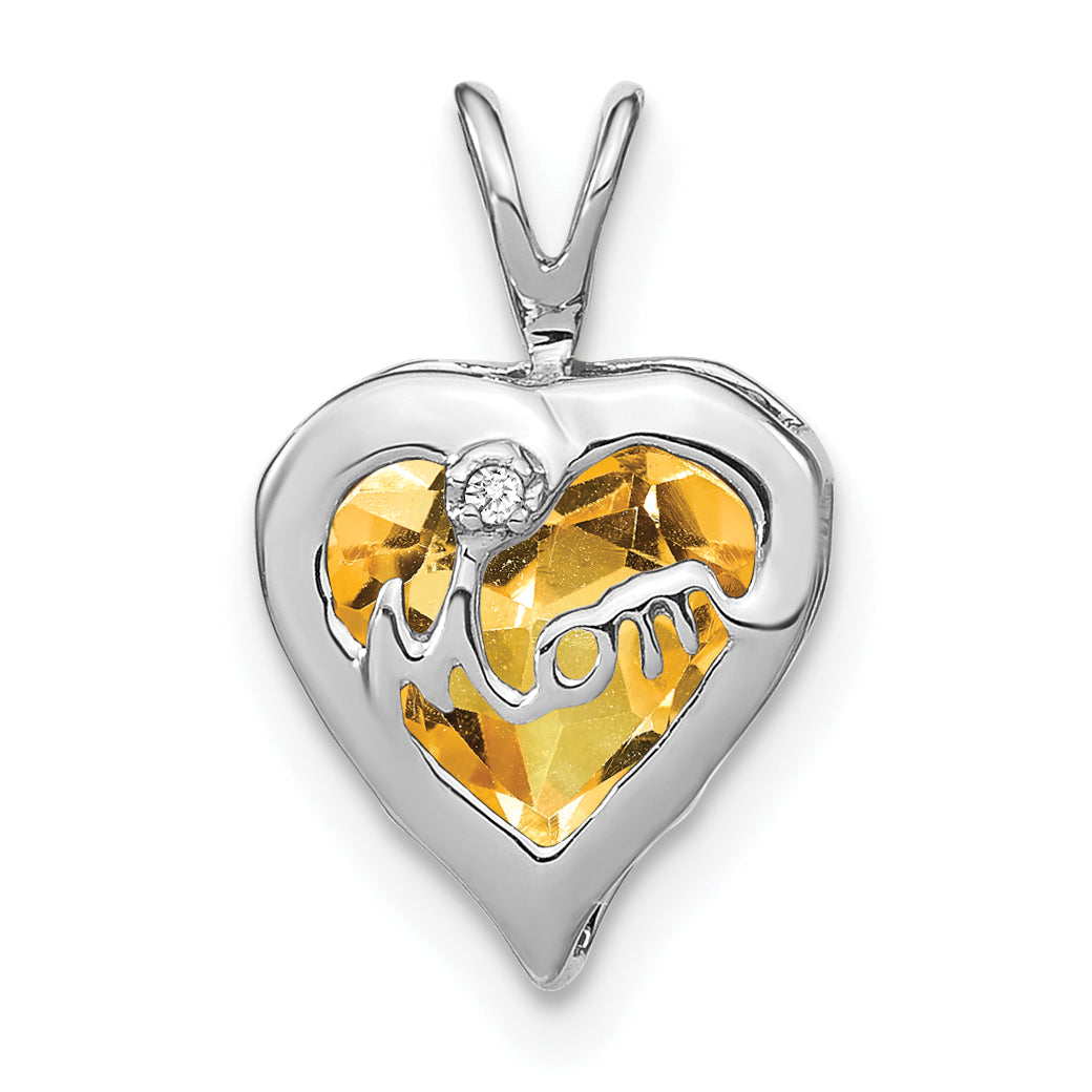 14k White Gold Citrine and Diamond MOM Heart Pendant