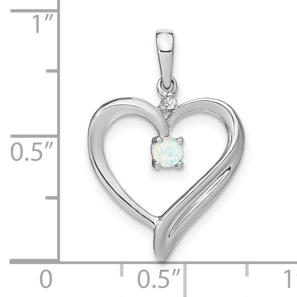 14k White Gold Created Opal and Diamond Heart Pendant