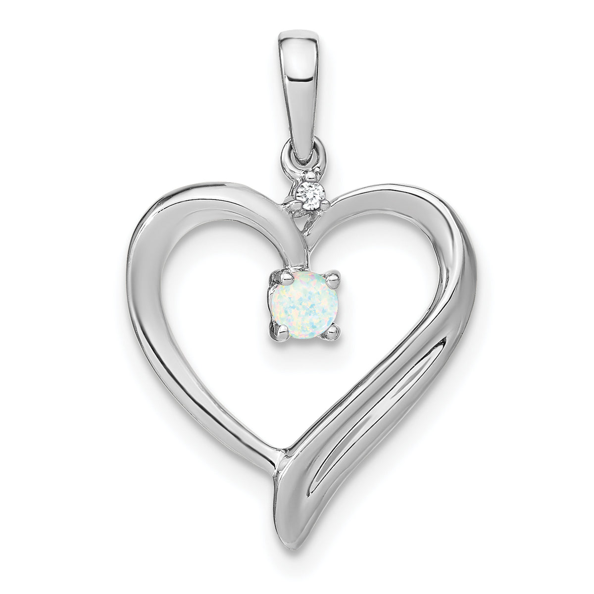 14k White Gold Created Opal and Diamond Heart Pendant