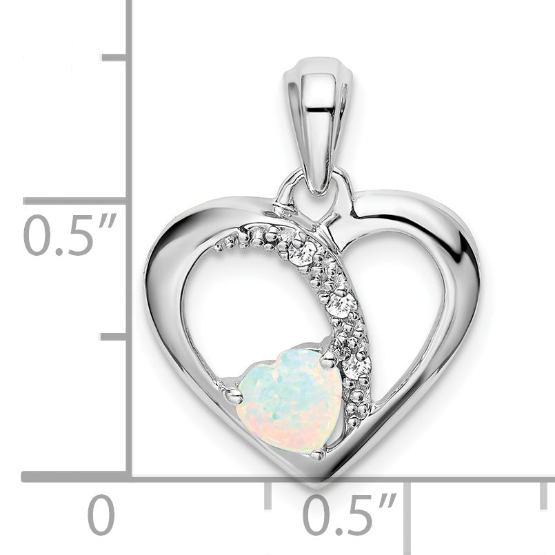 14k White Gold Created Opal and Diamond Heart Pendant