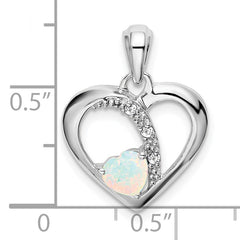 14k White Gold Created Opal and Diamond Heart Pendant