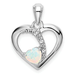 14k White Gold Created Opal and Diamond Heart Pendant