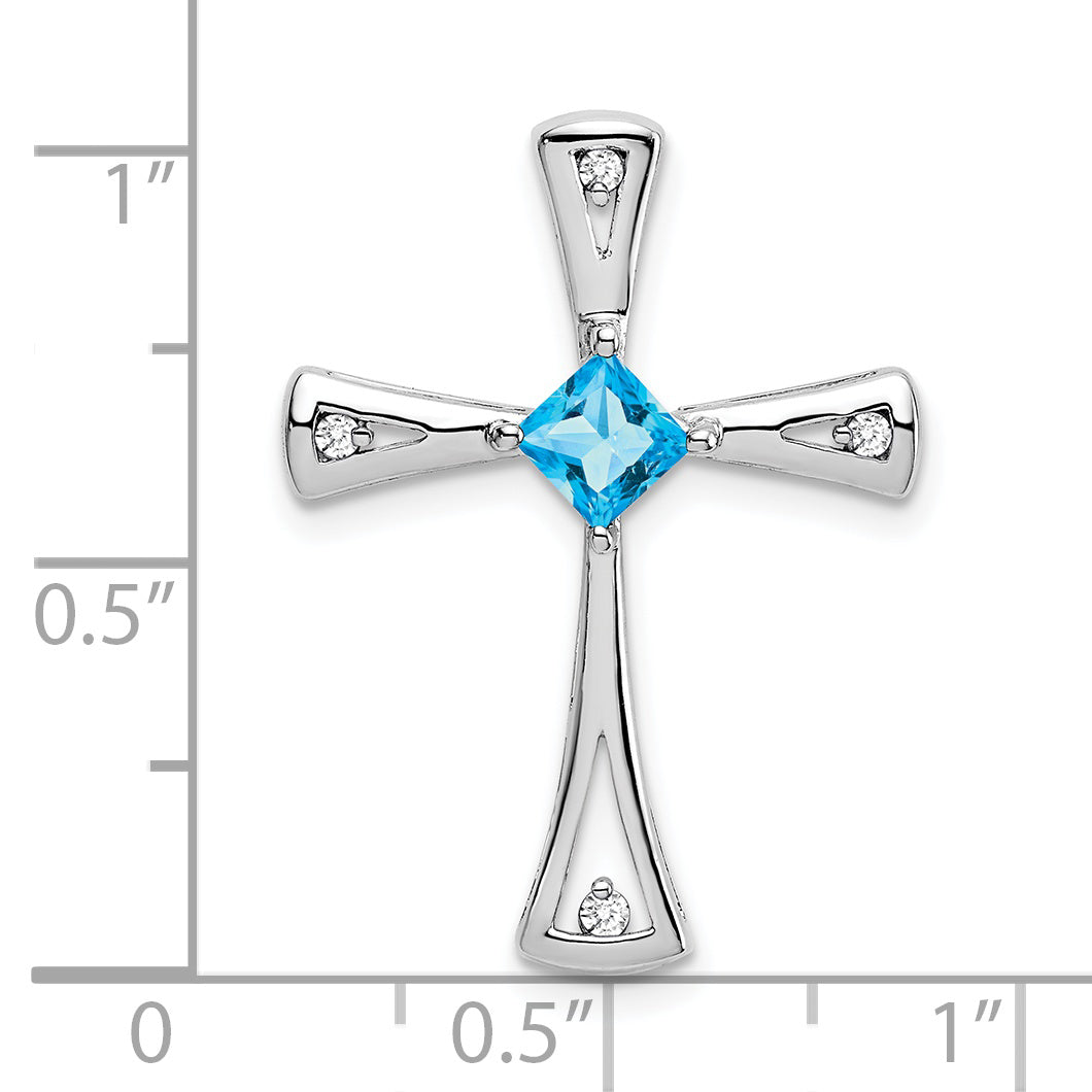 10k White Gold Blue Topaz and Diamond Cross Pendant