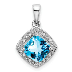 10k White Gold Cushion Blue Topaz and Diamond Pendant