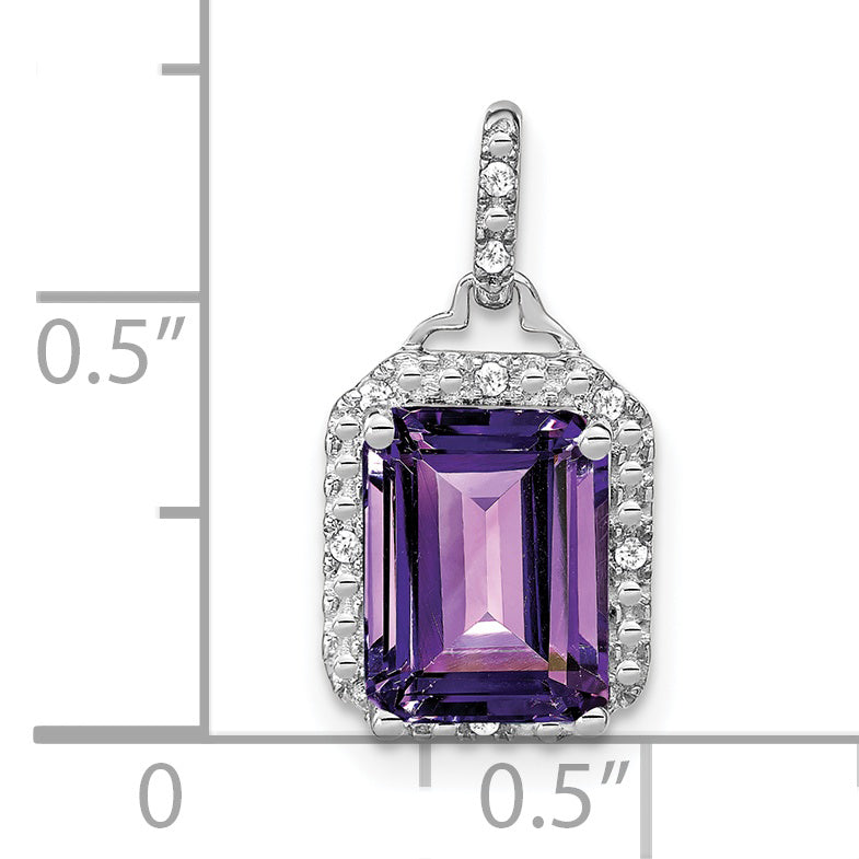 10k White Gold Emerald-cut Amethyst and Diamond Halo Pendant