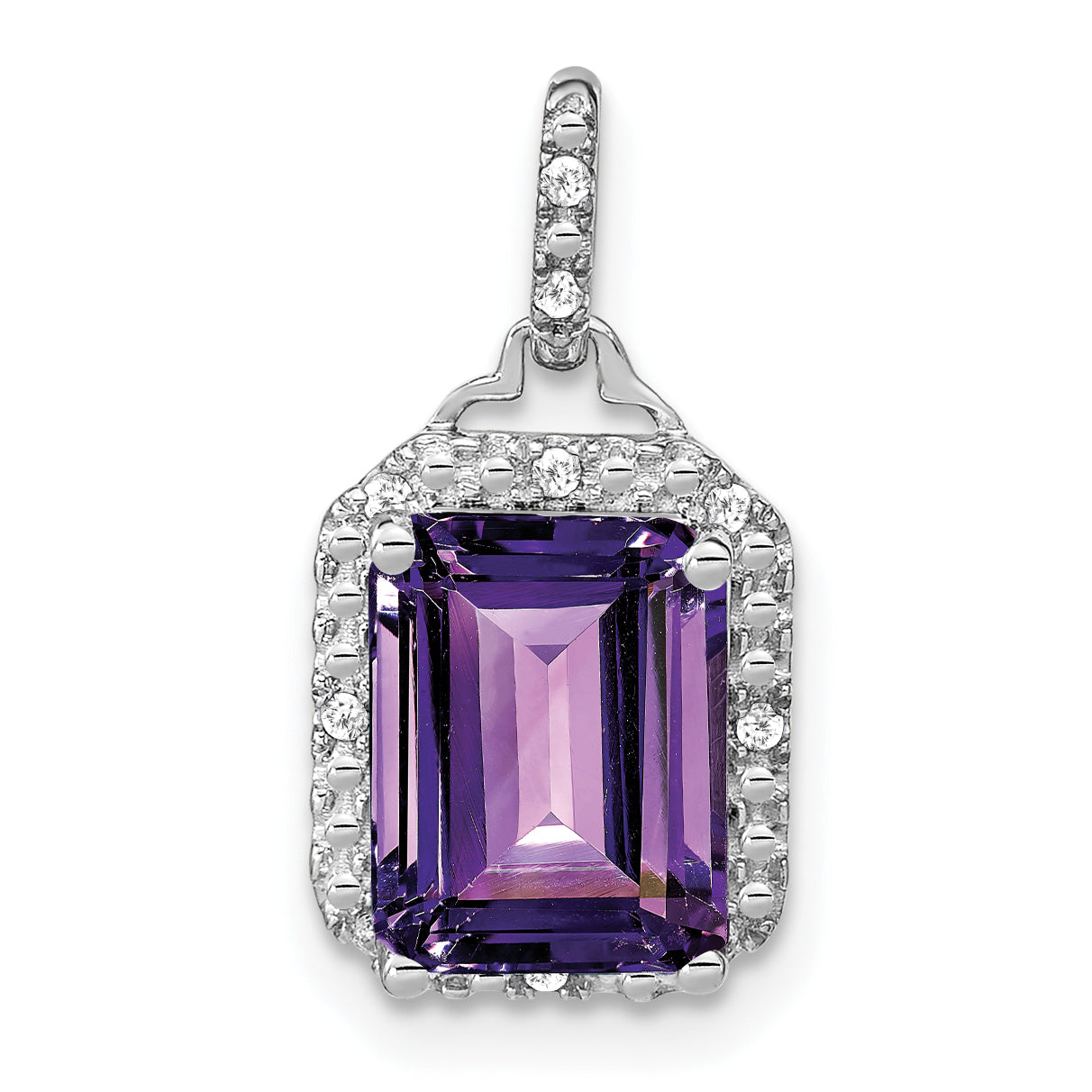 10k White Gold Emerald-cut Amethyst and Diamond Halo Pendant