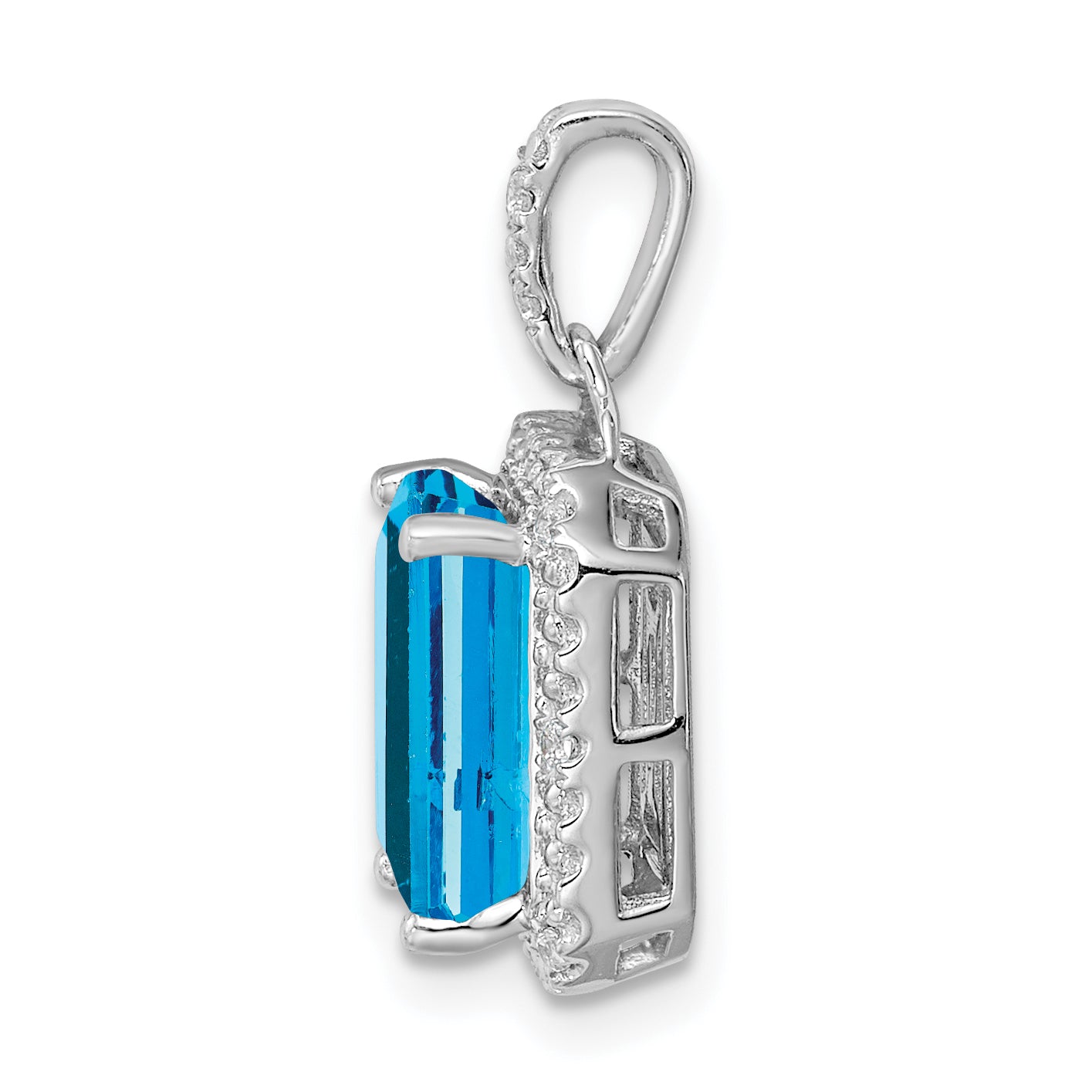 10k White Gold Emerald-cut Blue Topaz and Diamond Halo Pendant