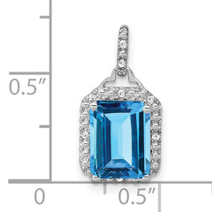 10k White Gold Emerald-cut Blue Topaz and Diamond Halo Pendant