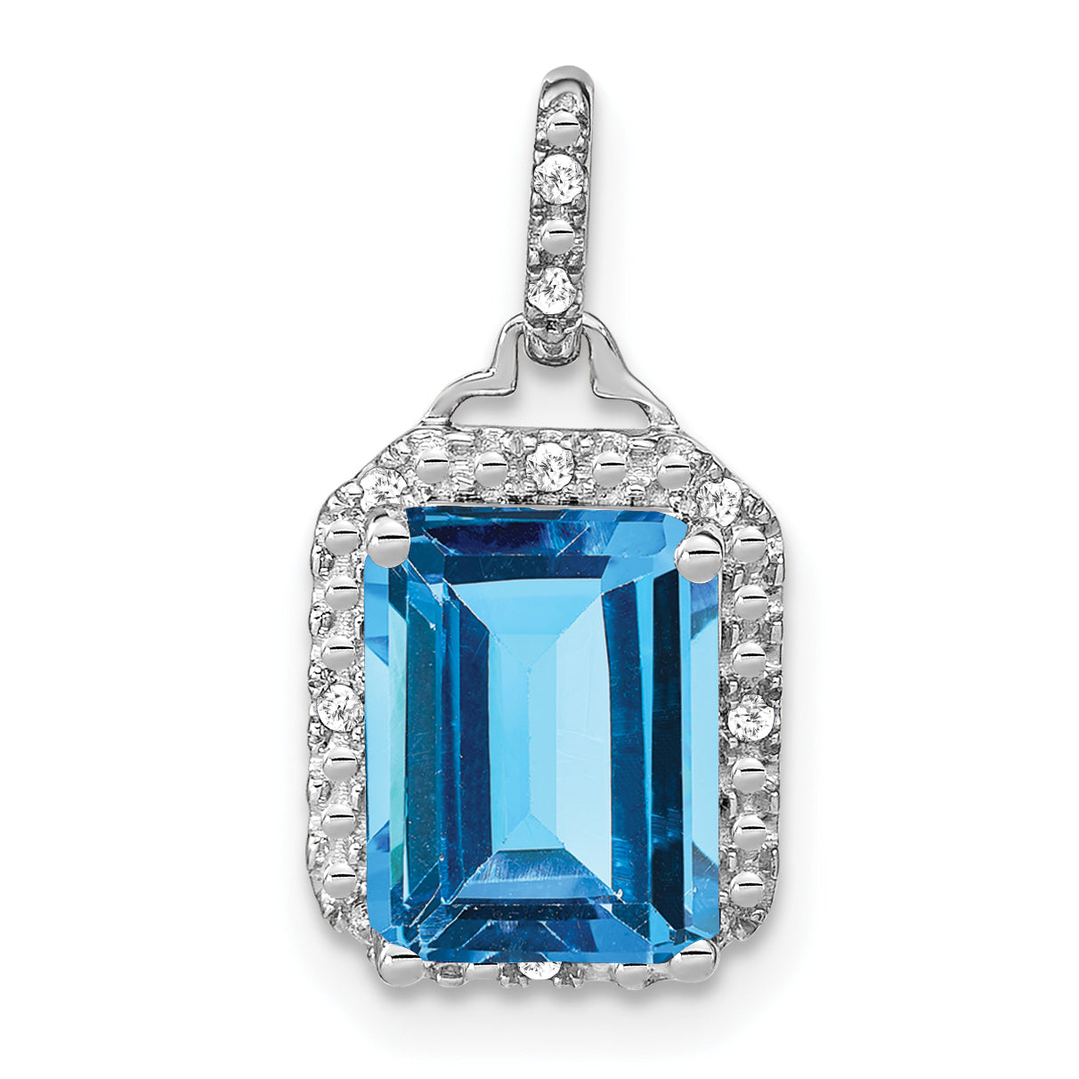 10k White Gold Emerald-cut Blue Topaz and Diamond Halo Pendant