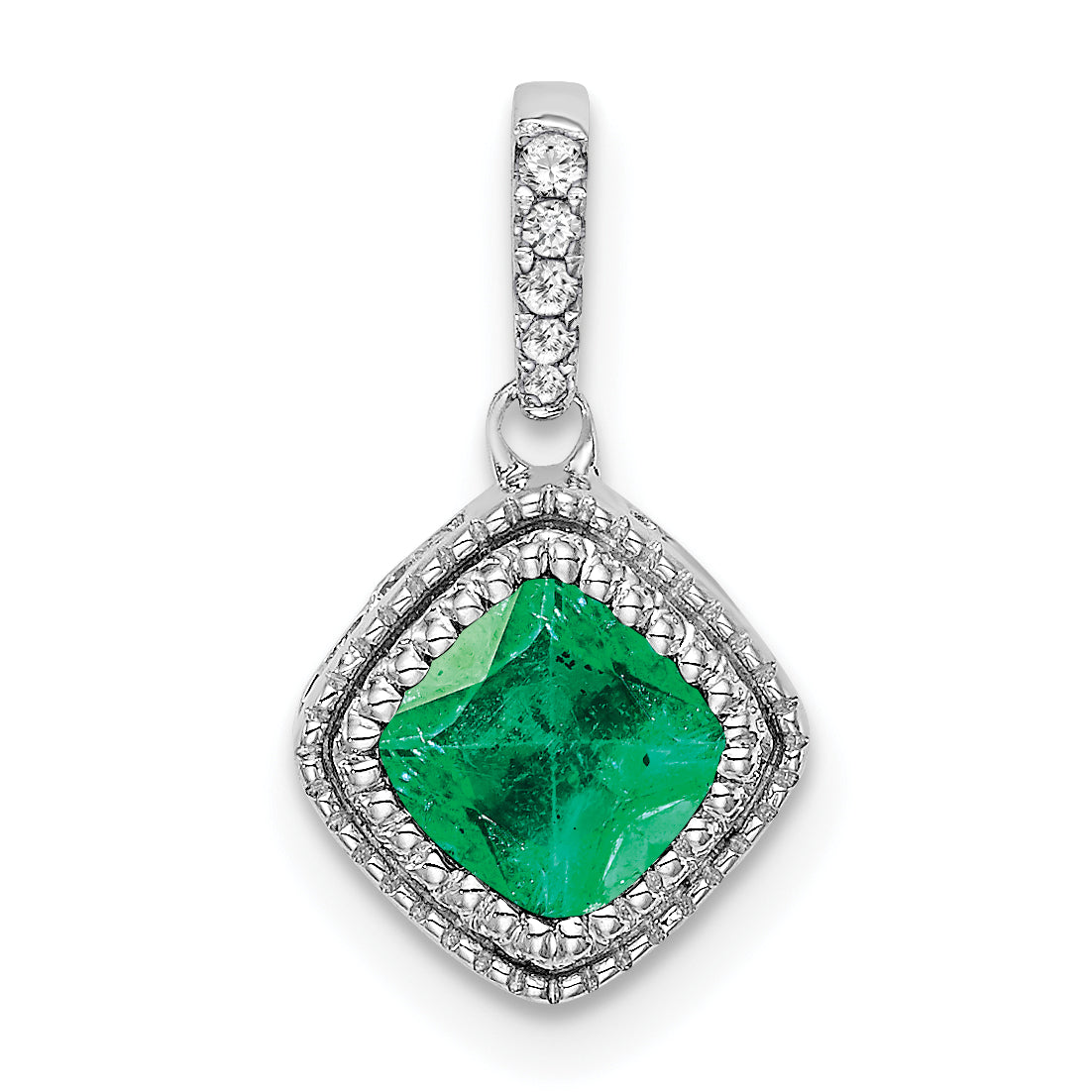 10k White Gold Cushion Emerald and Diamond Pendant