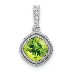 10k White Gold Cushion Peridot and Diamond Pendant