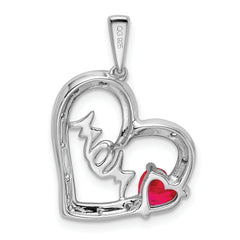 14k White Gold Ruby and Diamond MOM Heart Pendant