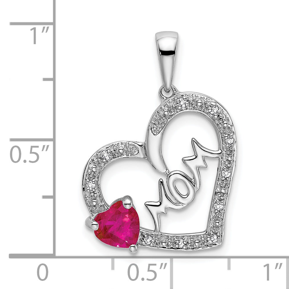 14k White Gold Ruby and Diamond MOM Heart Pendant