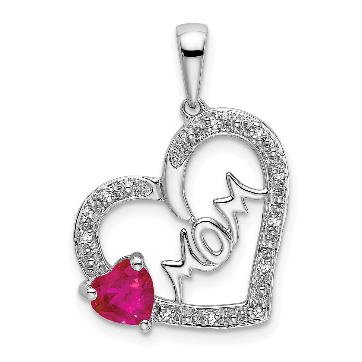 14k White Gold Ruby and Diamond MOM Heart Pendant