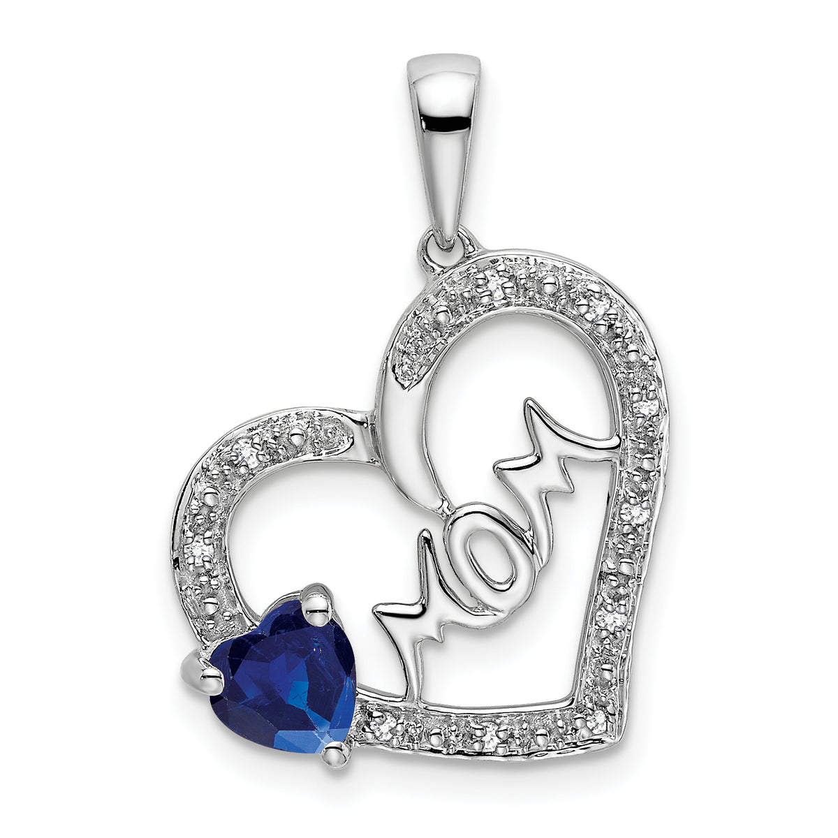 14k White Gold Sapphire and Diamond MOM Heart Pendant