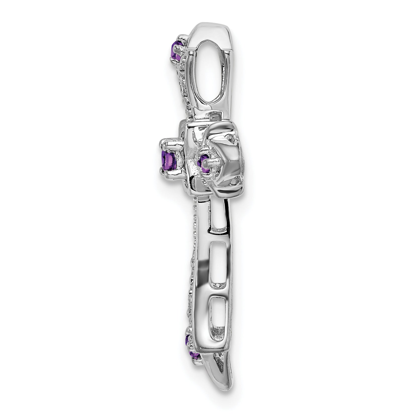 10k White Gold Amethyst and Diamond Fleur de Lis Cross Chain Slide