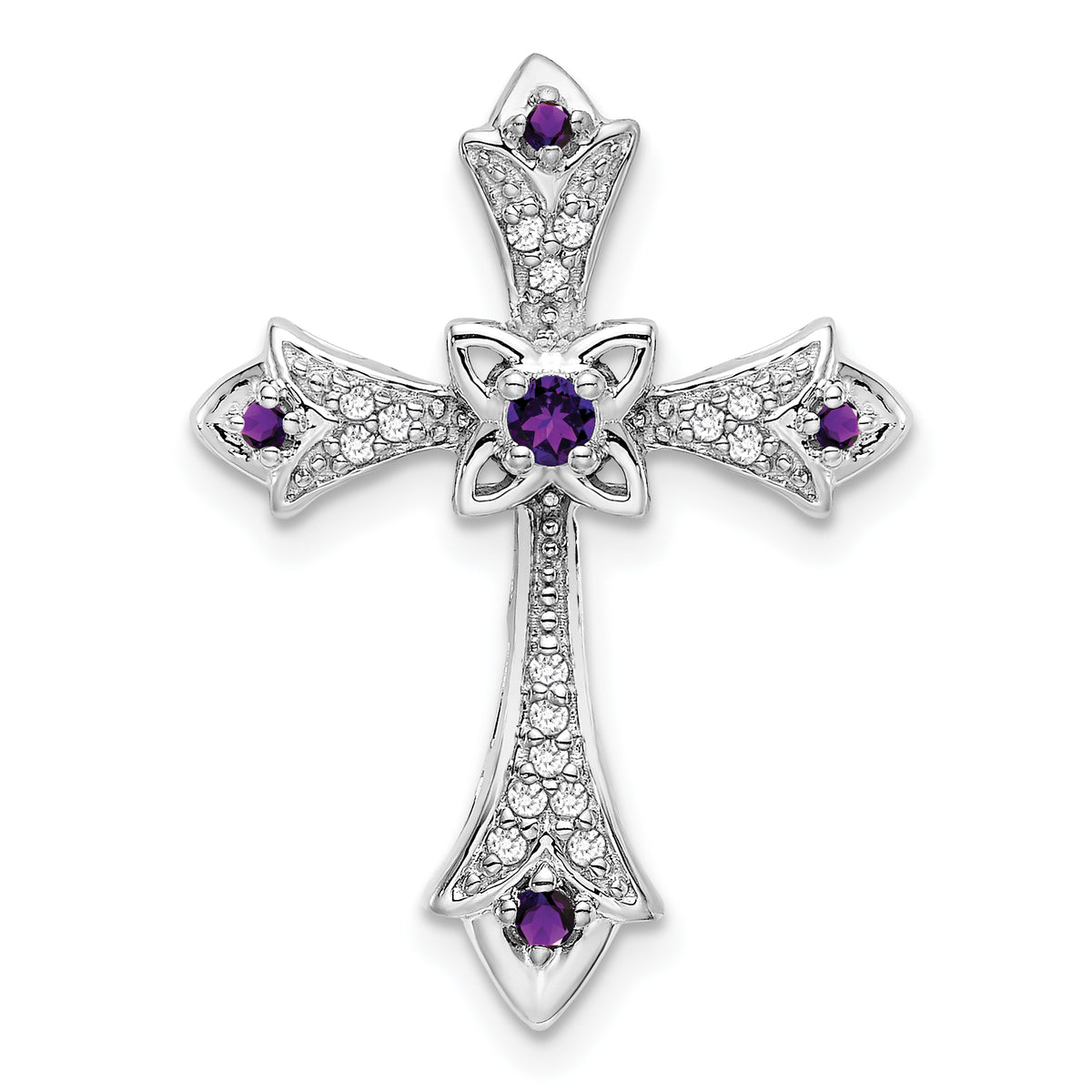 10k White Gold Amethyst and Diamond Fleur de Lis Cross Chain Slide