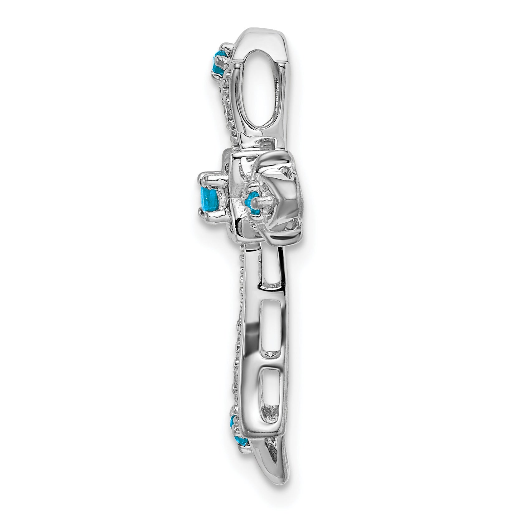 10K White Gold Blue Topaz and Diamond Fleur de Lis Cross Chain Slide