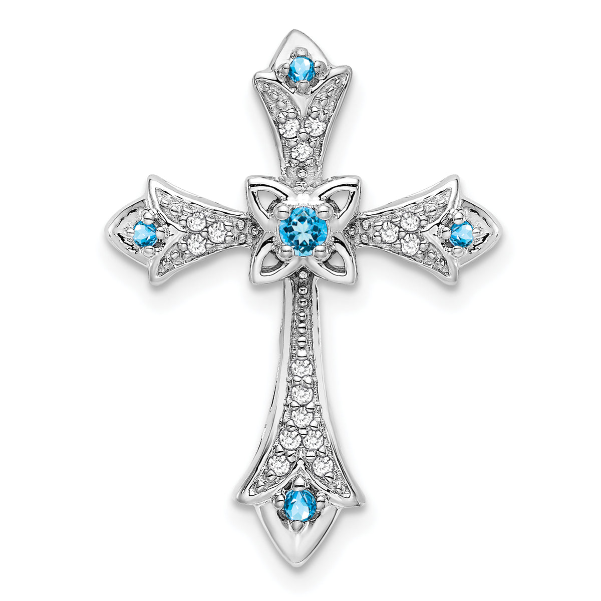 10K White Gold Blue Topaz and Diamond Fleur de Lis Cross Chain Slide