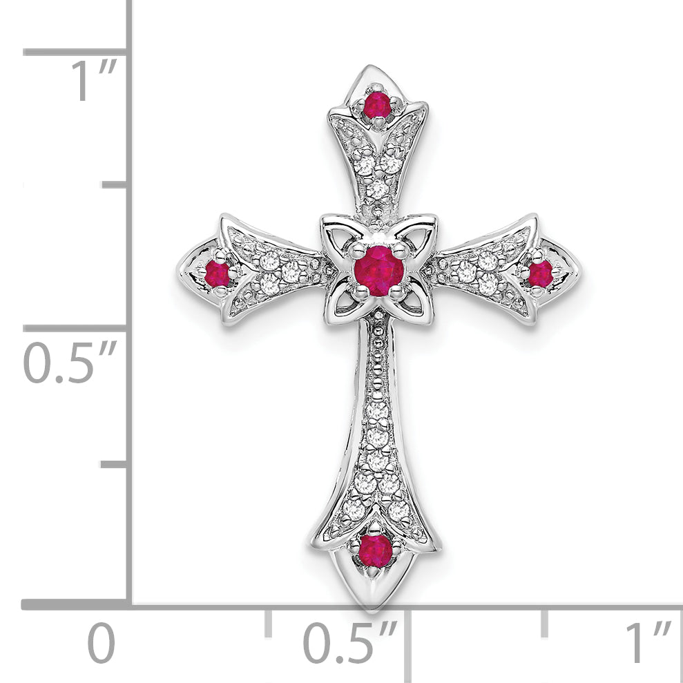 10K White Gold Ruby and Diamond Fleur de Lis Cross Chain Slide