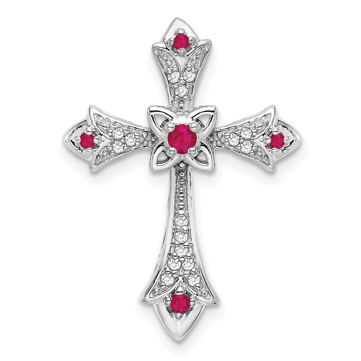 10K White Gold Ruby and Diamond Fleur de Lis Cross Chain Slide