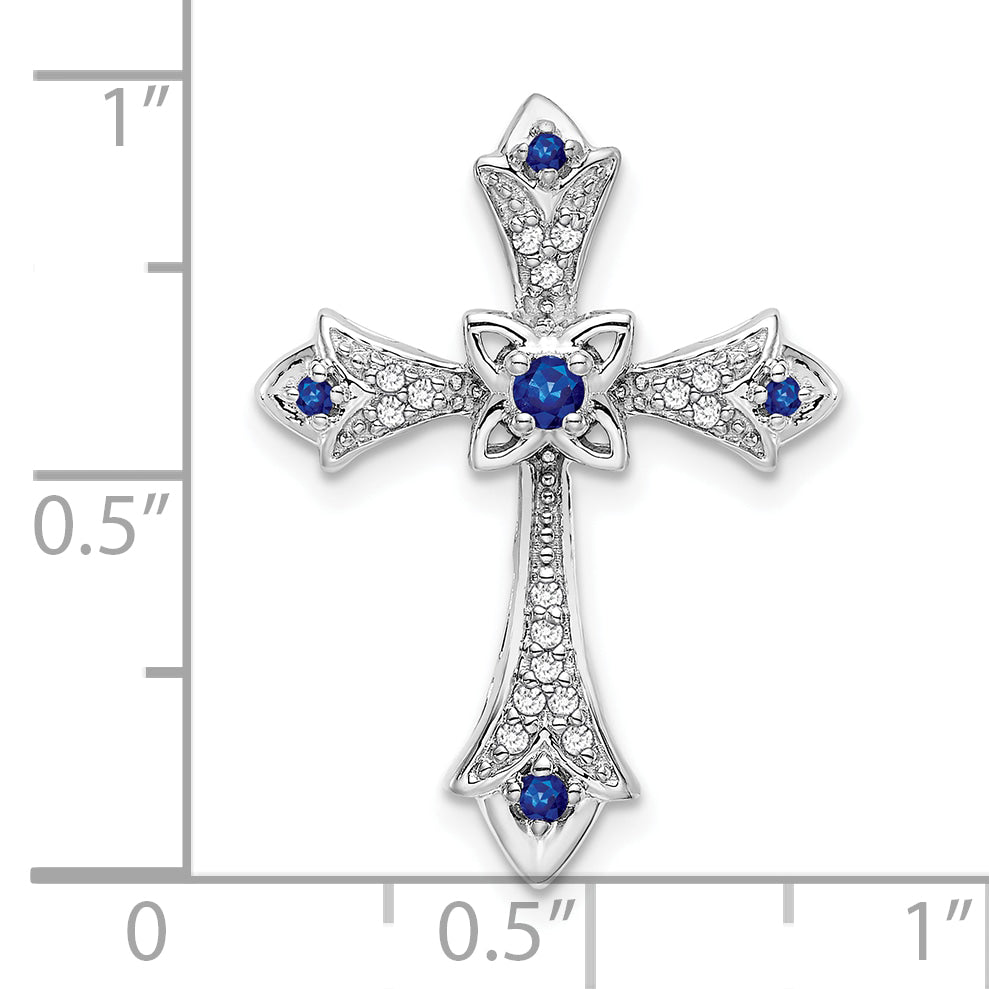 10K White Gold Sapphire and Diamond Fleur de Lis Cross Chain Slide