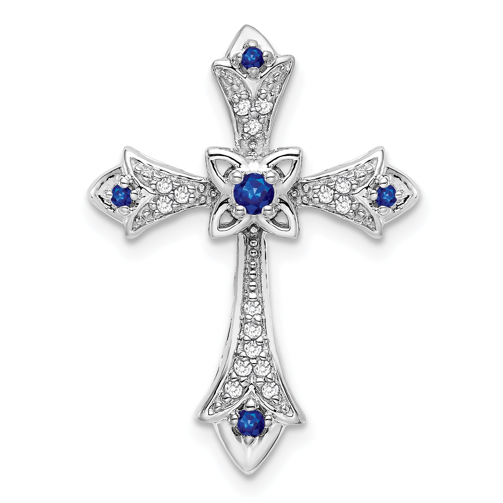 10K White Gold Sapphire and Diamond Fleur de Lis Cross Chain Slide