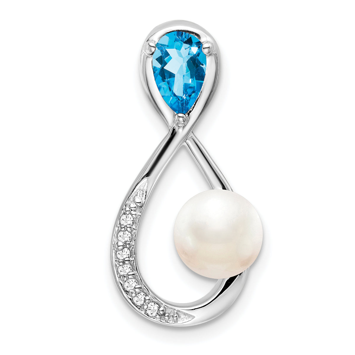 10k White Gold Blue Topaz/FWC Pearl/Diamond Infinity Chain Slide