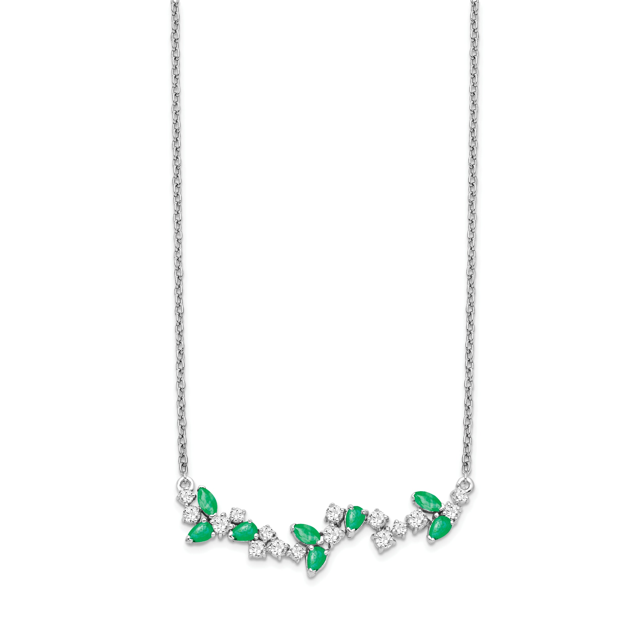 14K White Gold Lab Grown Diamond and Cr Emerald Floral Bar Necklace