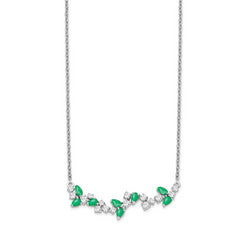 14K White Gold Lab Grown Diamond and Cr Emerald Floral Bar Necklace