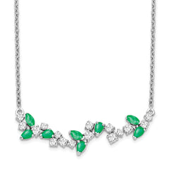 14K White Gold Lab Grown Diamond and Cr Emerald Floral Bar Necklace