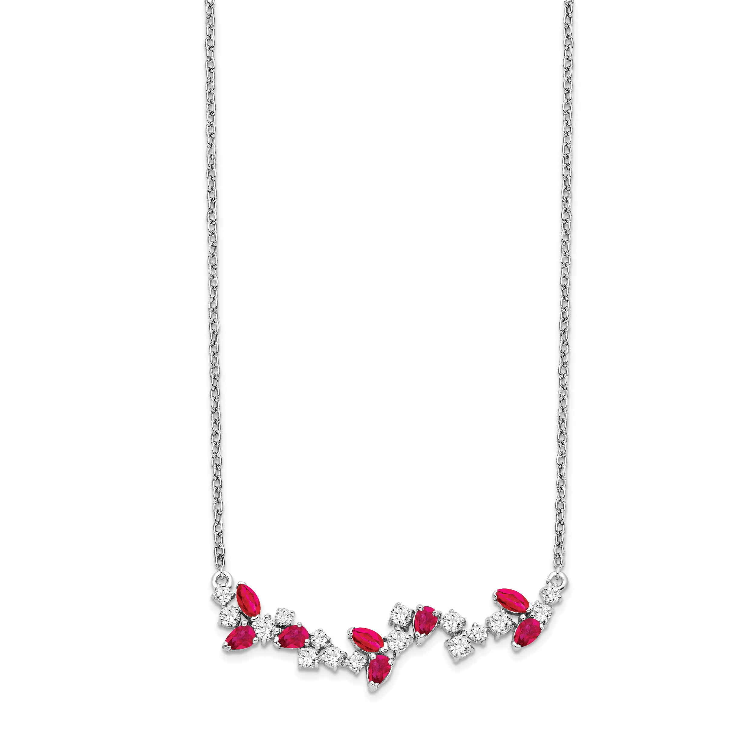 14K White Gold Lab Grown Diamond and Created Ruby Floral Bar Necklace