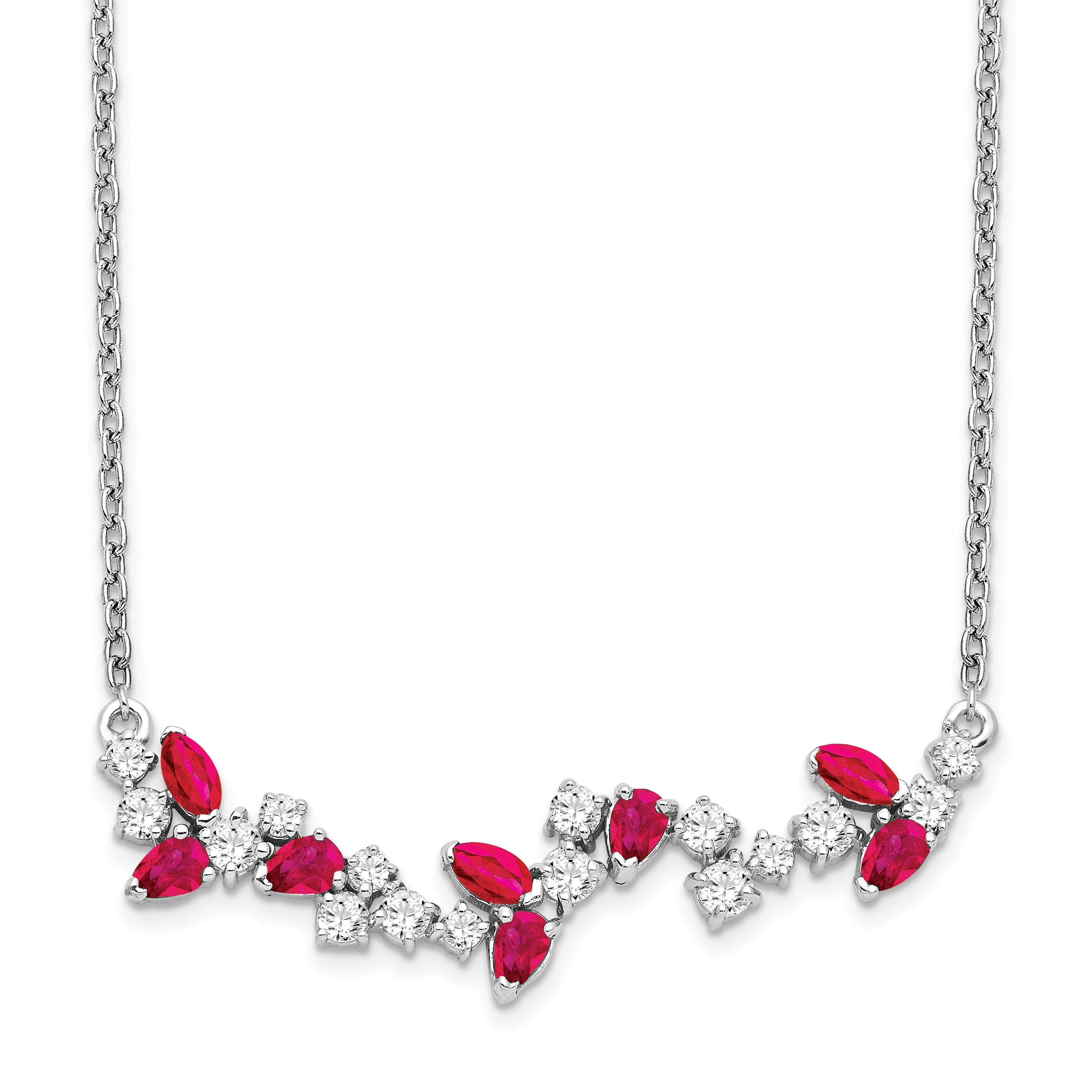 14K White Gold Lab Grown Diamond and Created Ruby Floral Bar Necklace