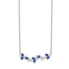 14K White Gold Lab Grown Diamond and Cr Blue Sapphire Floral Bar Necklace