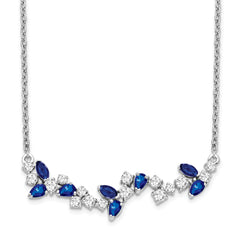 14K White Gold Lab Grown Diamond and Cr Blue Sapphire Floral Bar Necklace