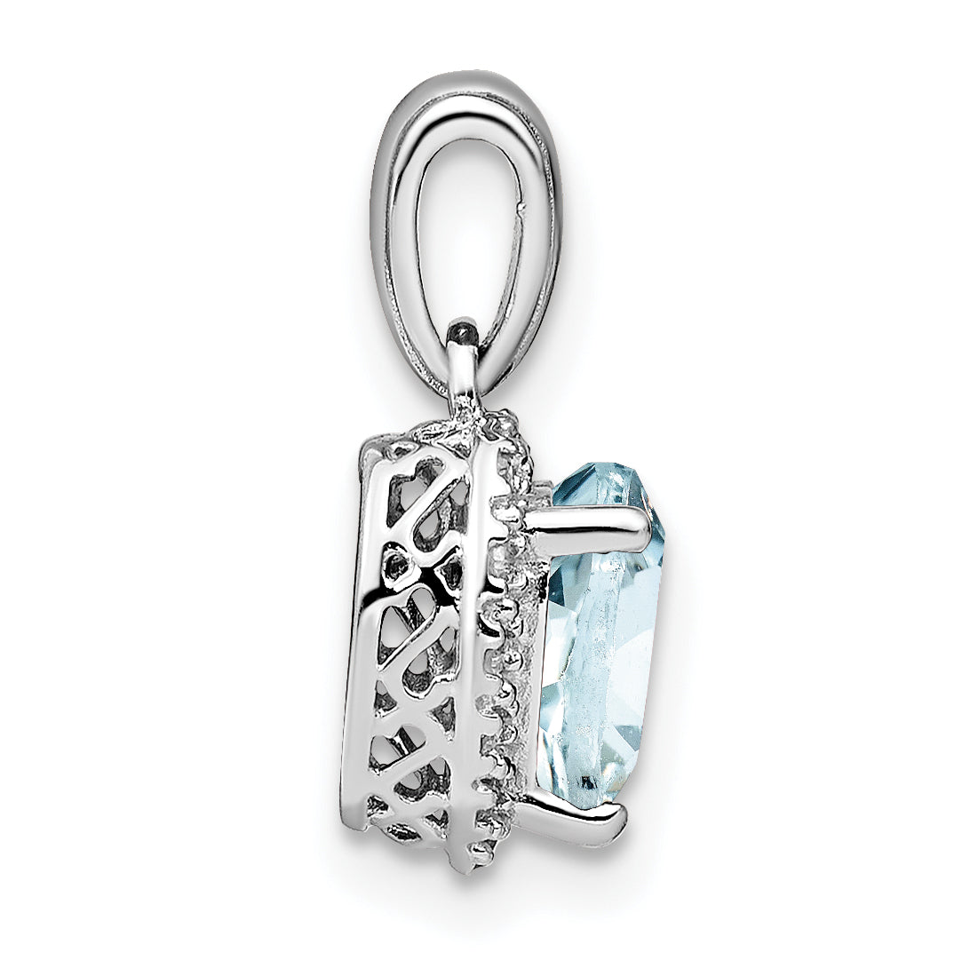 Sterling Silver Rhodium-plated Aquamarine and Diamond Pendant