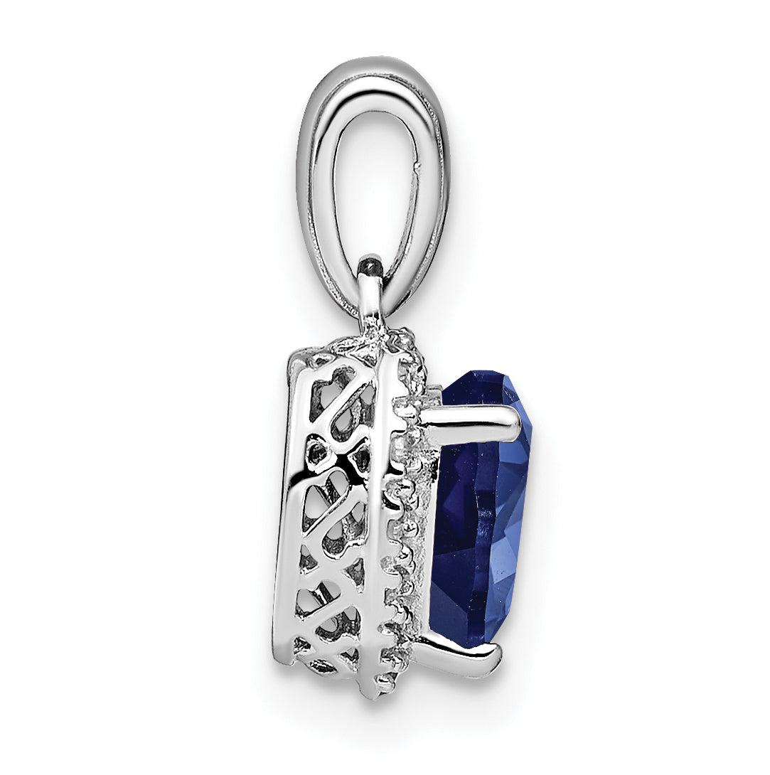 Sterling Silver Rhod-plated Created Sapphire and Diamond Pendant