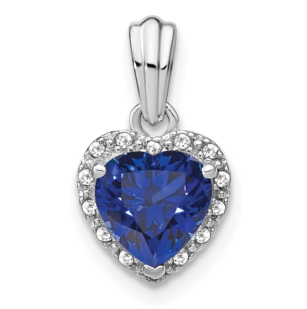 Sterling Silver Rhod-plated Created Sapphire and Diamond Pendant