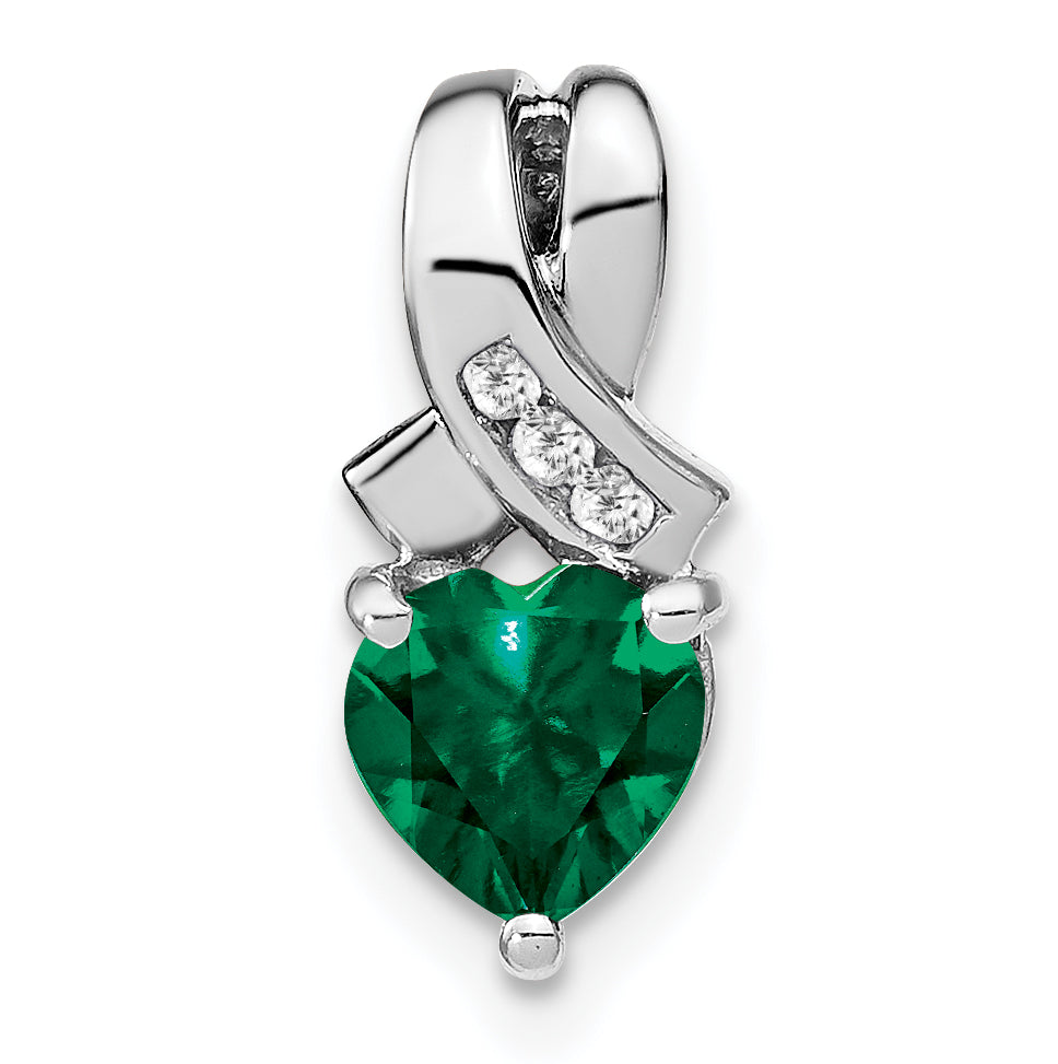 Sterling Silver Rhodium-plated Created Emerald/Diamond Pendant