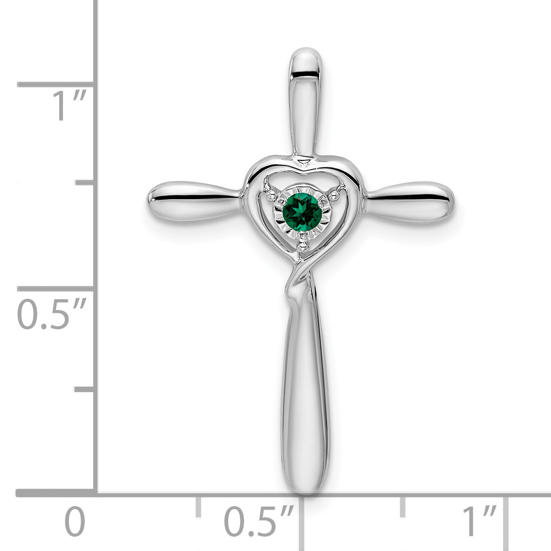 10k White Gold Created Emerald Cross w/Heart Chain Slide