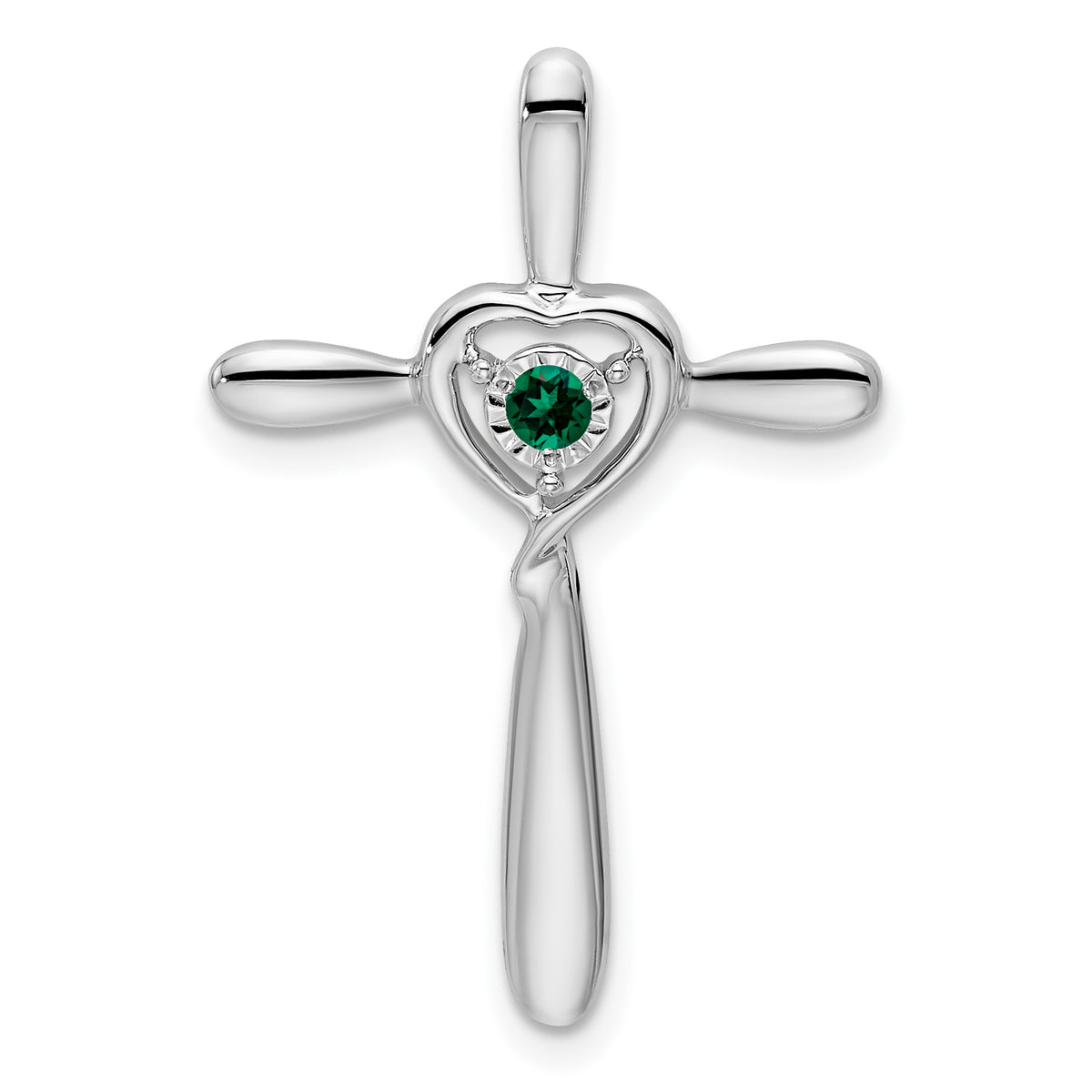 10k White Gold Created Emerald Cross w/Heart Chain Slide