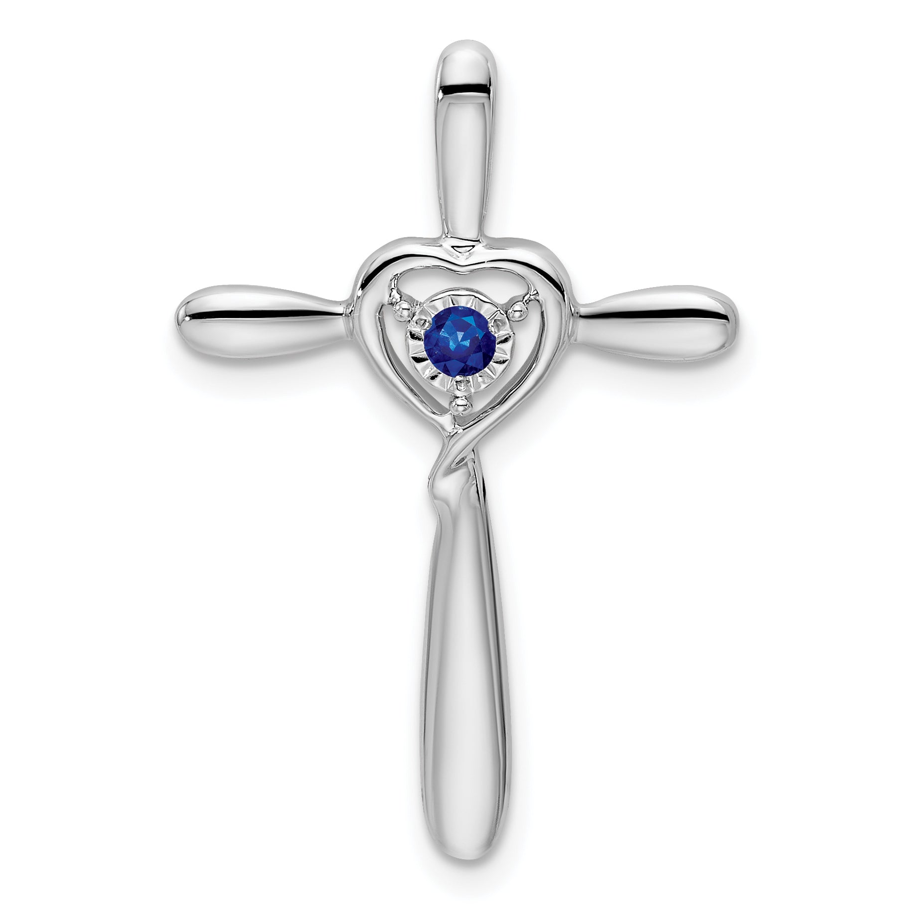 10k White Gold Created Sapphire Cross w/Heart Chain Slide