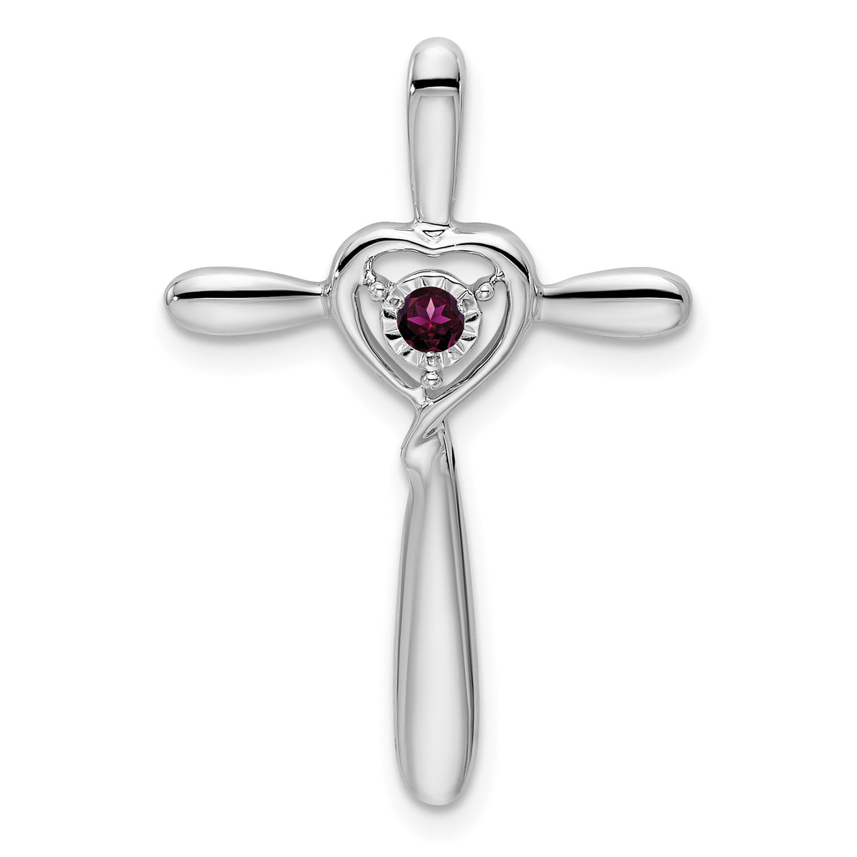 10k White Gold Rhodolite Garnet Cross w/Heart Chain Slide