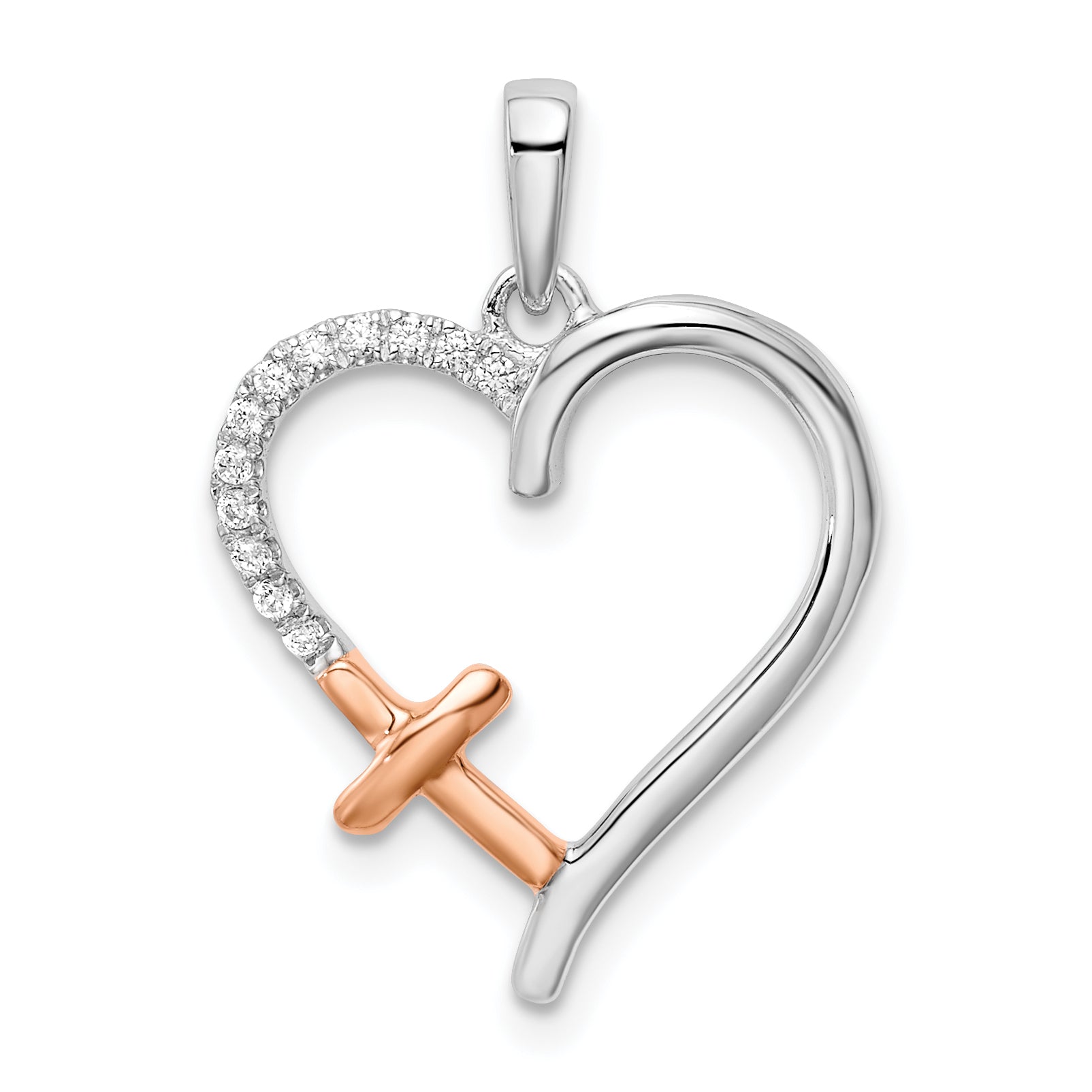 14k Two-tone White and Rose Heart w/Cross Diamond Pendant