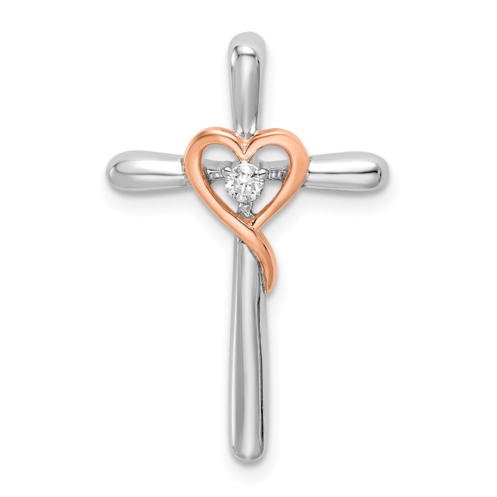 10K Two-tone White & Rose Cross w/Heart Diamond Chain Slide