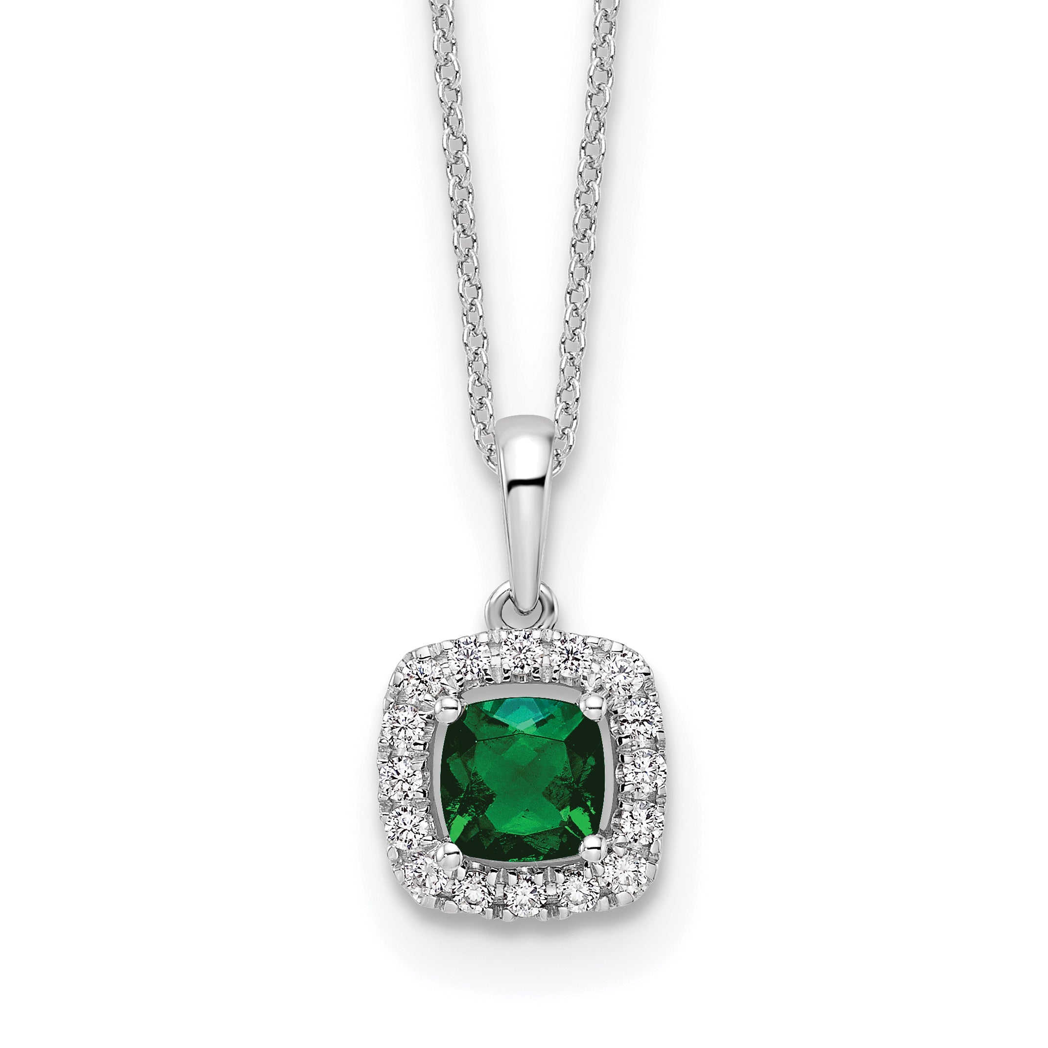 10K White Gold Lab Grown Diamond and Created Emerald Pendant Necklace