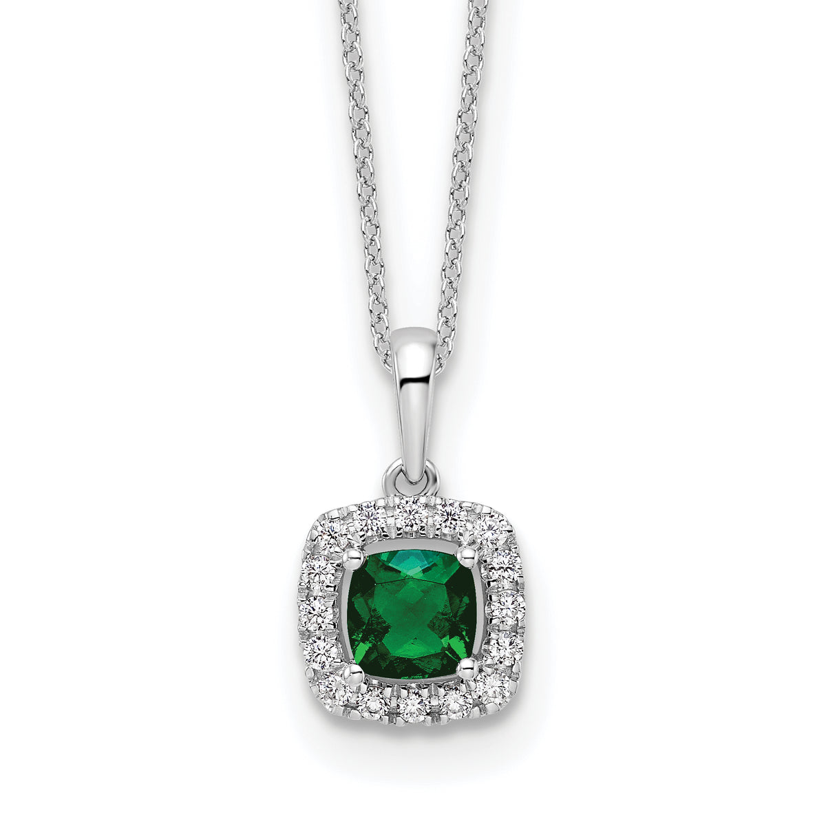 10K White Gold Lab Grown Diamond and Created Emerald Pendant Necklace